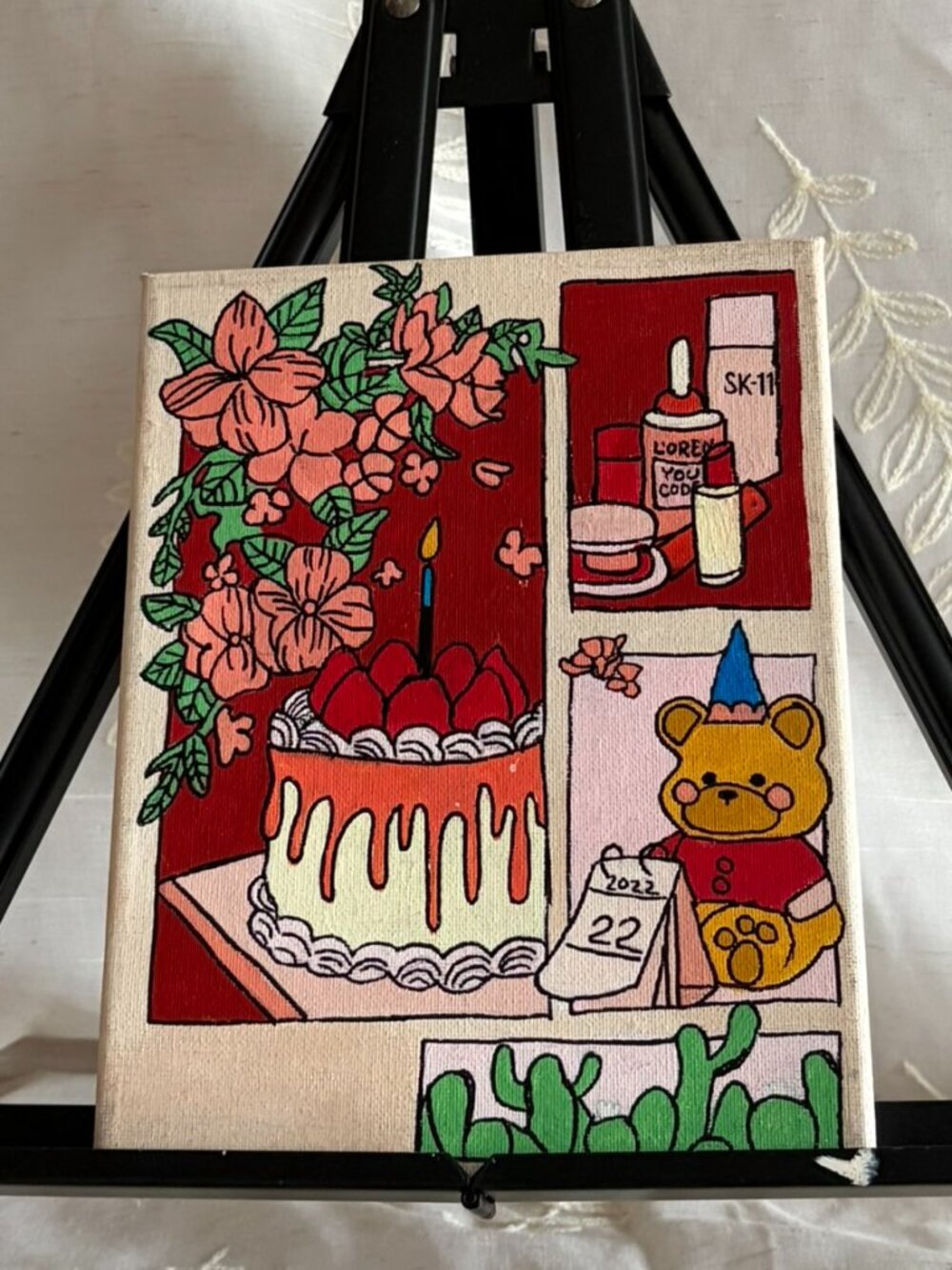 Hand Painted Birthday Cake Floral Collage Canvas 7x9